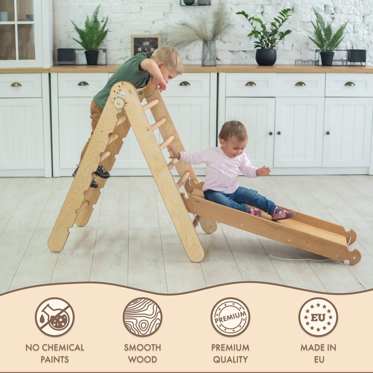 2in1 Montessori Climbing Set: Triangle Ladder + Slide Board/Ramp – Beige | 2in1 Playsets | Goodevas