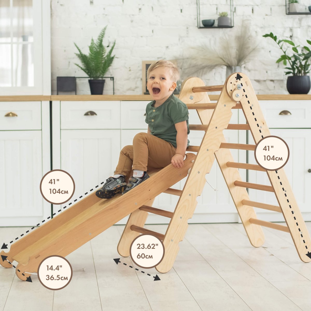 2in1 Montessori Climbing Set: Triangle Ladder + Slide Board/Ramp – Beige | 2in1 Playsets | Goodevas