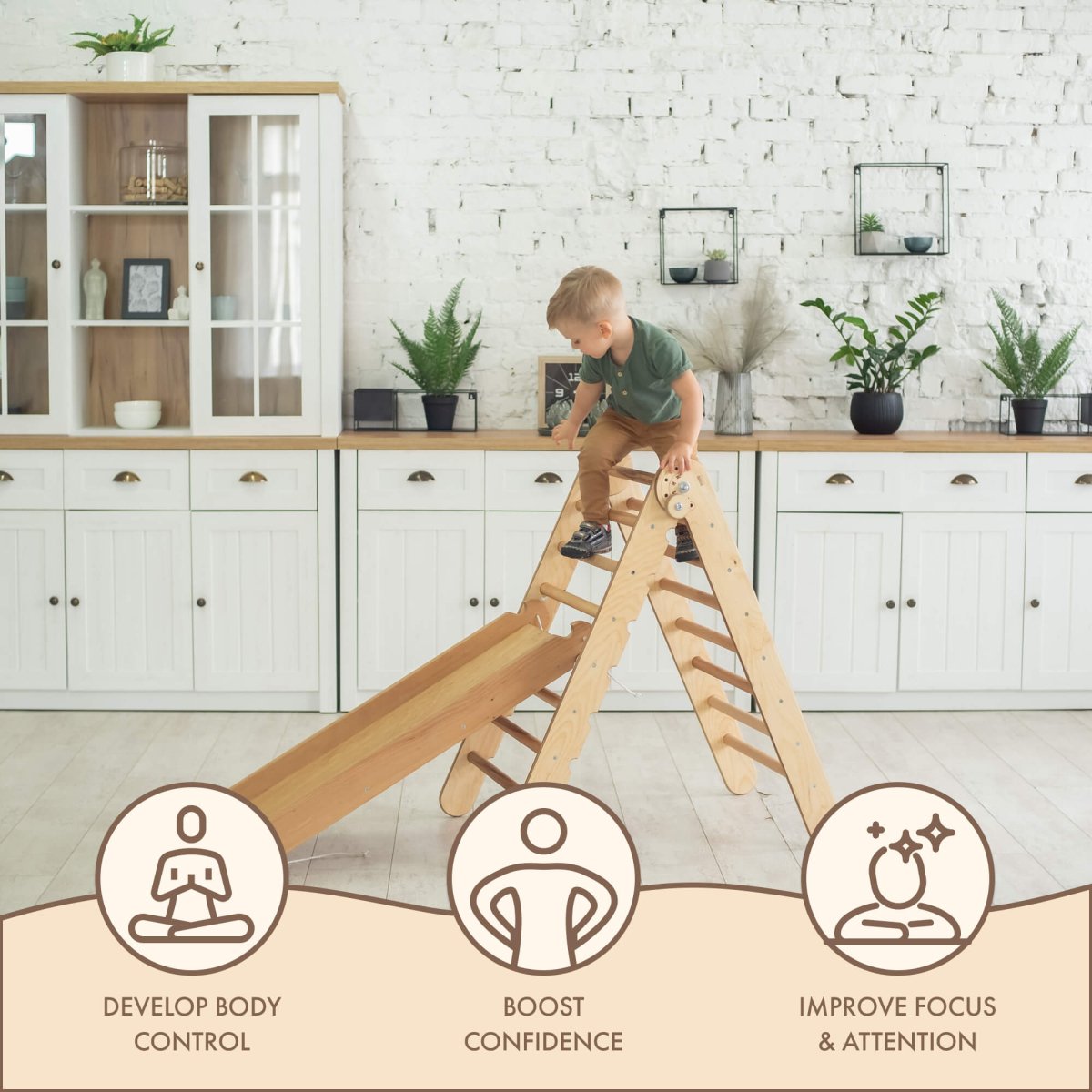 2in1 Montessori Climbing Set: Triangle Ladder + Slide Board/Ramp – Beige | 2in1 Playsets | Goodevas