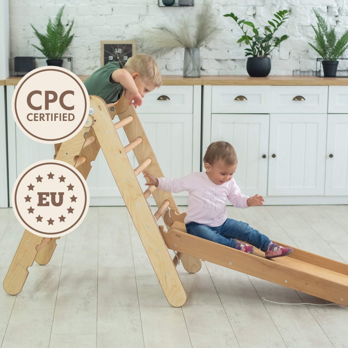 2in1 Montessori Climbing Set: Triangle Ladder + Slide Board/Ramp – Beige | 2in1 Playsets | Goodevas