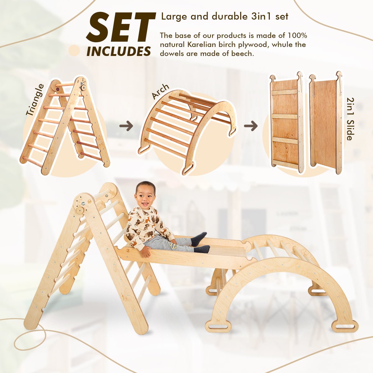 3in1 Montessori Climbing Set: Triangle Ladder + Wooden Arch + Slide Board – Beige | 3in1 Playsets | Goodevas