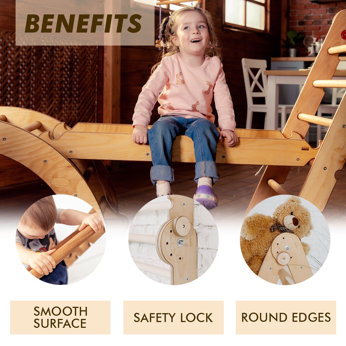 3in1 Montessori Climbing Set: Triangle Ladder + Wooden Arch + Slide Board – Beige | 3in1 Playsets | Goodevas