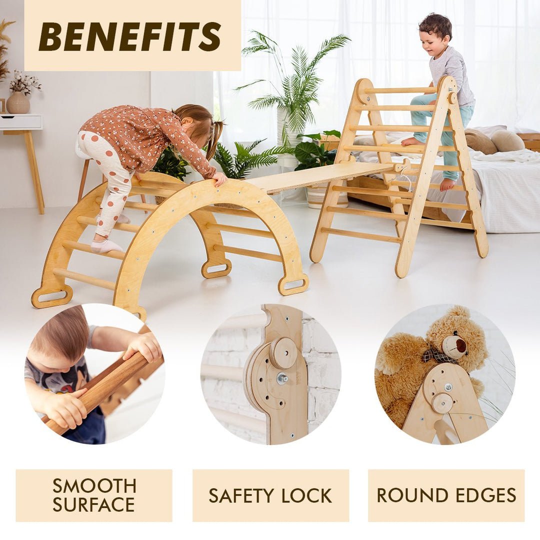 3in1 Montessori Climbing Set: Triangle Ladder + Wooden Arch + Slide Board – Beige NEW | 3in1 Playsets | Goodevas