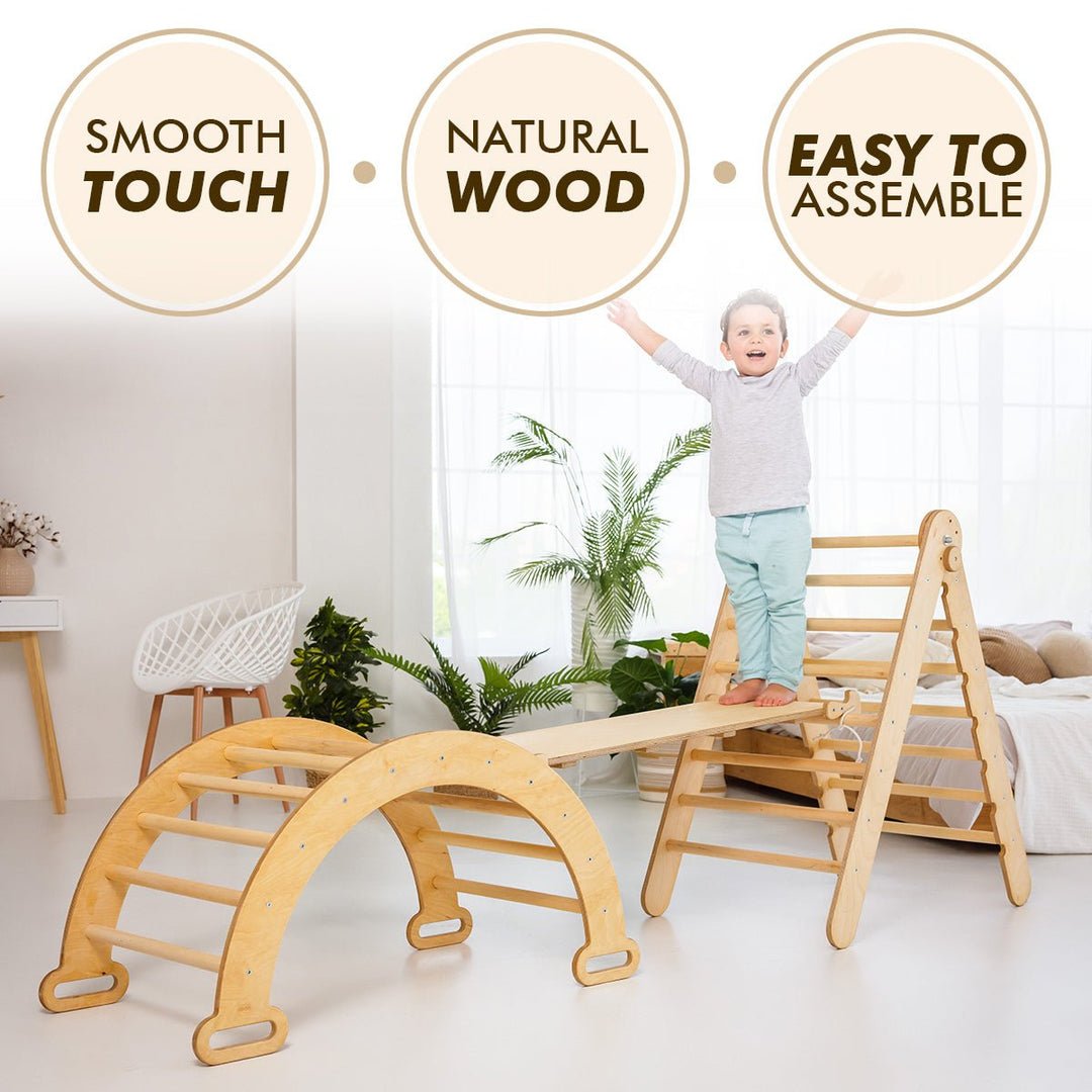 3in1 Montessori Climbing Set: Triangle Ladder + Wooden Arch + Slide Board – Beige NEW | 3in1 Playsets | Goodevas