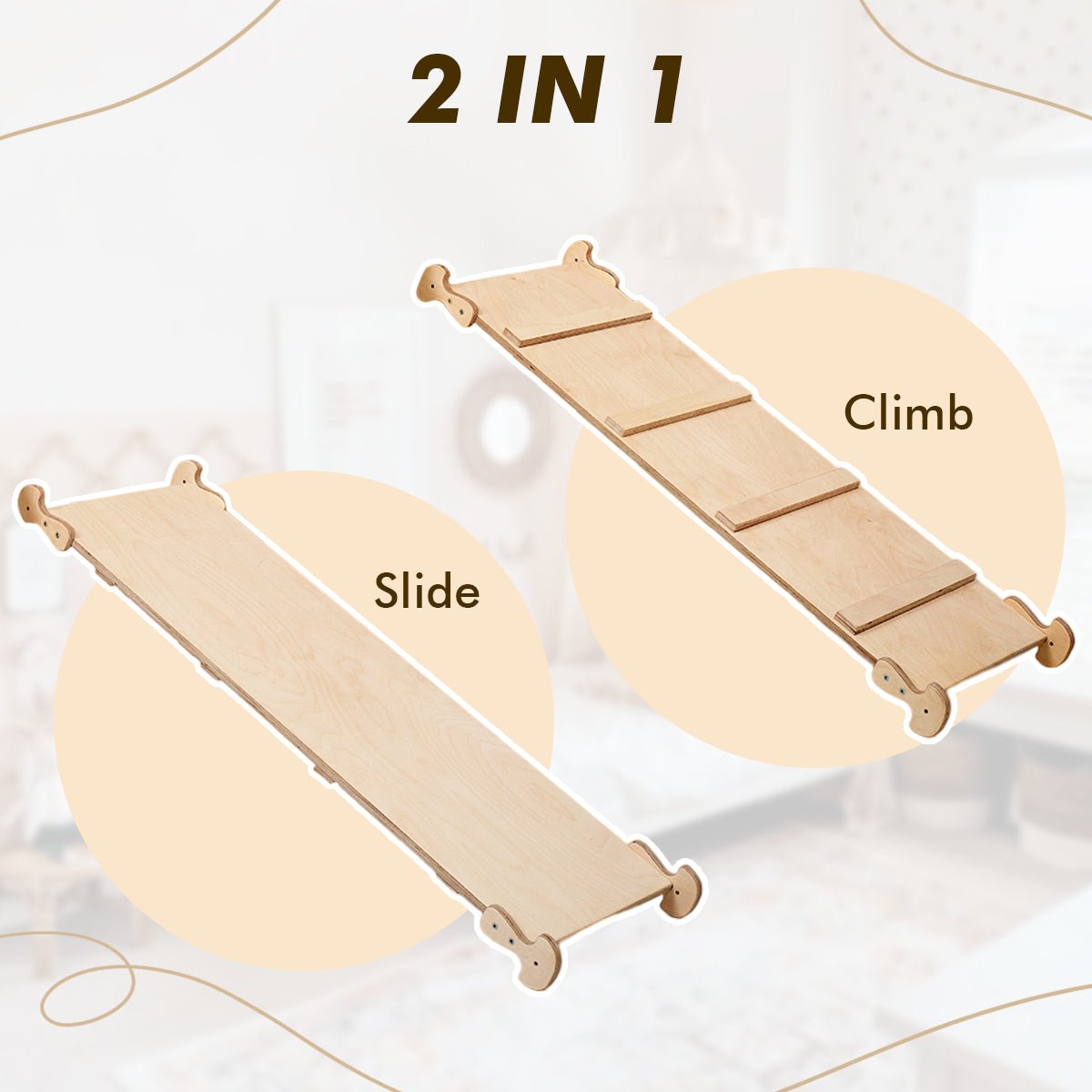 3in1 Montessori Climbing Set: Triangle Ladder + Wooden Arch + Slide Board – Beige NEW | 3in1 Playsets | Goodevas