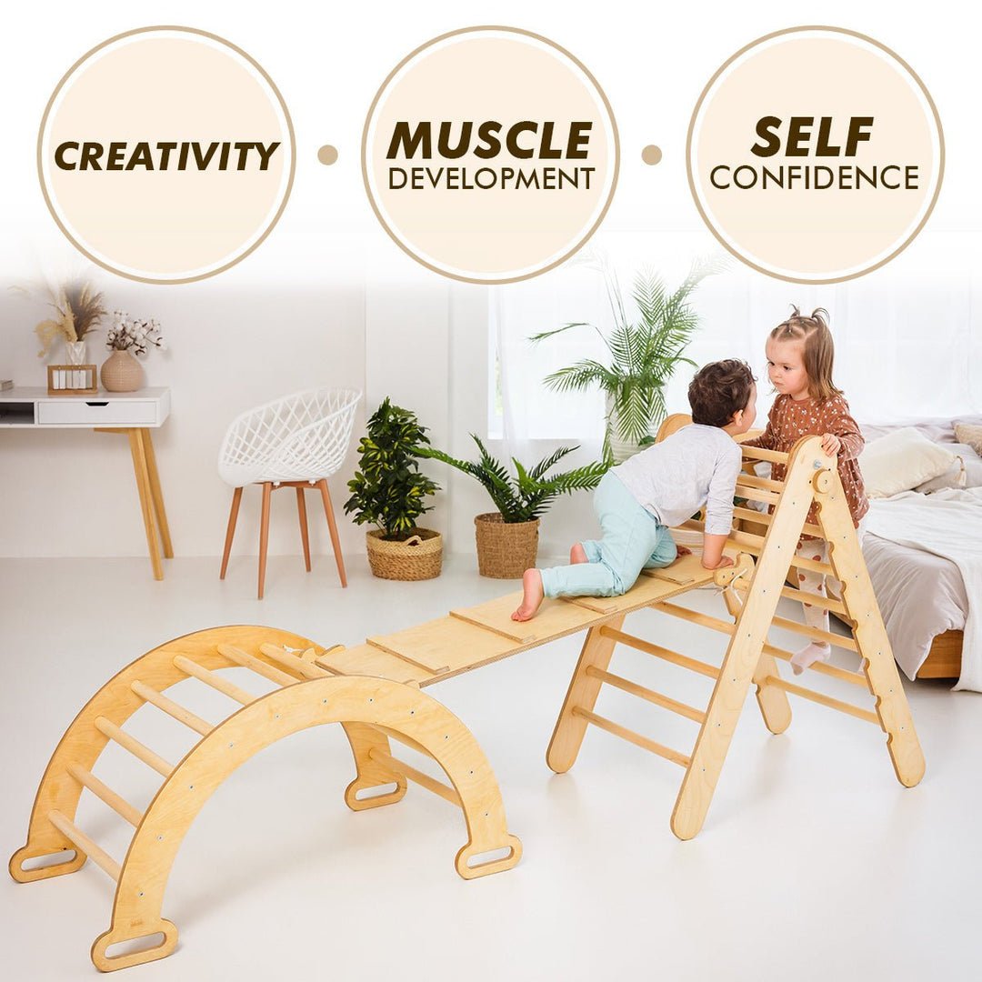 3in1 Montessori Climbing Set: Triangle Ladder + Wooden Arch + Slide Board – Beige NEW | 3in1 Playsets | Goodevas