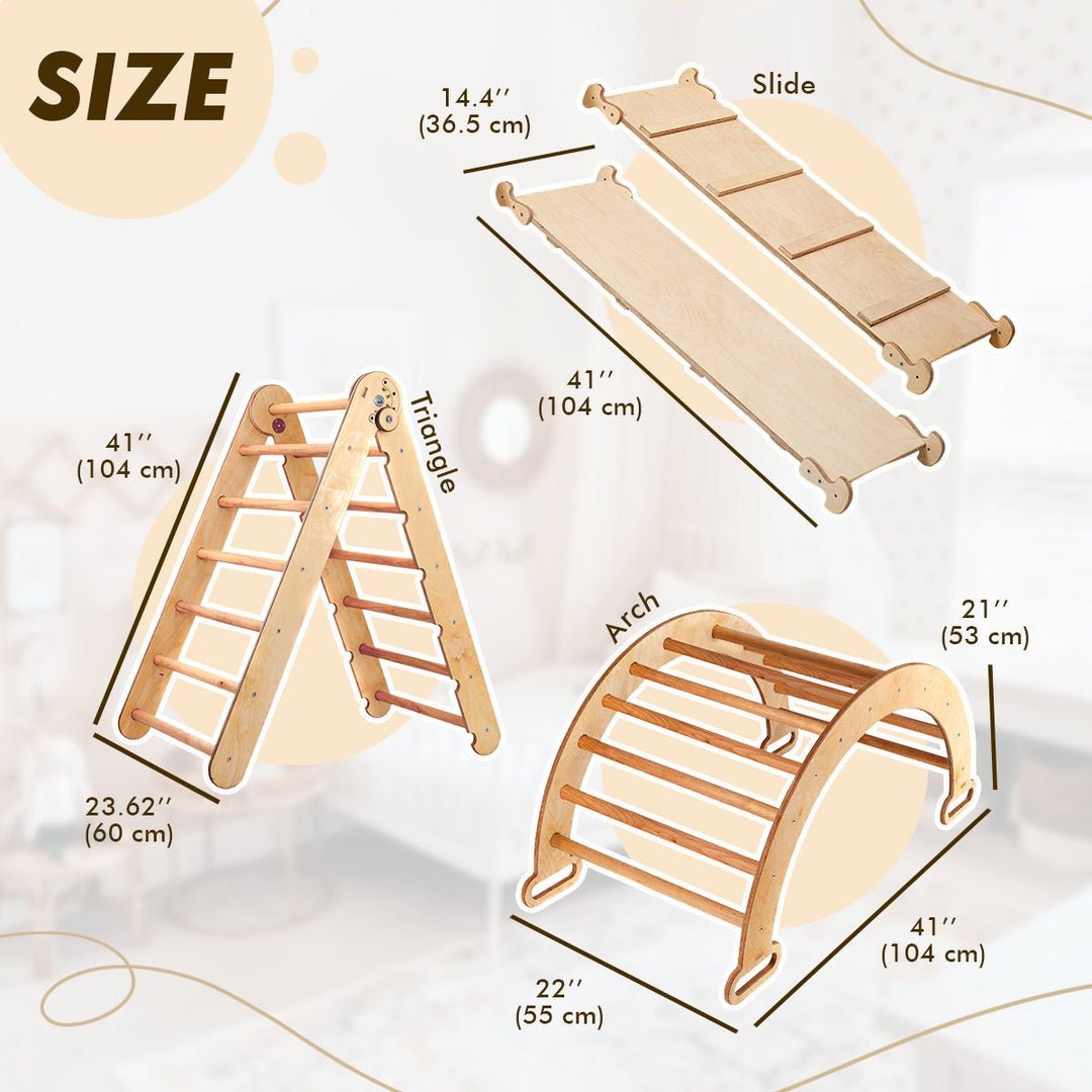 3in1 Montessori Climbing Set: Triangle Ladder + Wooden Arch + Slide Board – Beige NEW | 3in1 Playsets | Goodevas