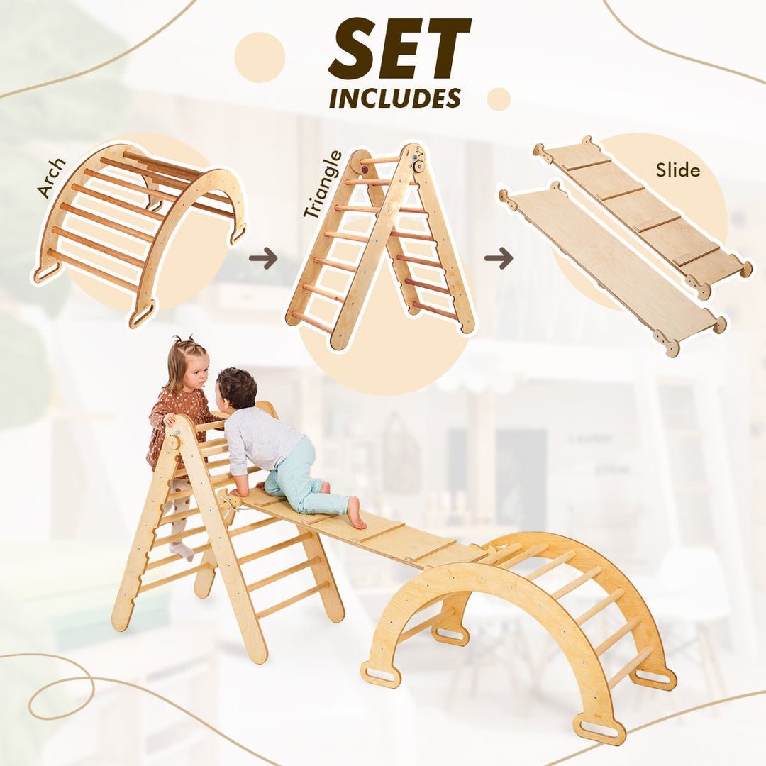 3in1 Montessori Climbing Set: Triangle Ladder + Wooden Arch + Slide Board – Beige NEW | 3in1 Playsets | Goodevas