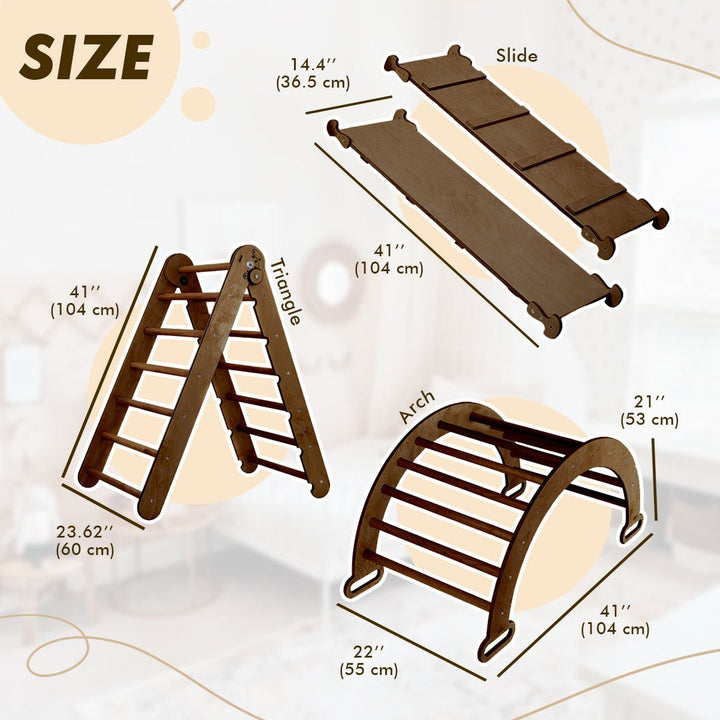 3in1 Montessori Climbing Set: Triangle Ladder + Wooden Arch + Slide Board – Chocolate NEW
