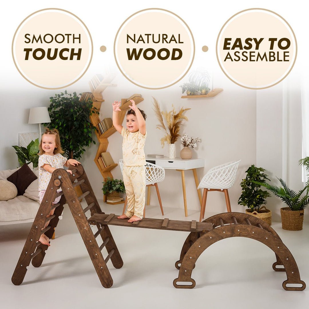 3in1 Montessori Climbing Set: Triangle Ladder + Wooden Arch + Slide Board – Chocolate NEW | | Goodevas CA