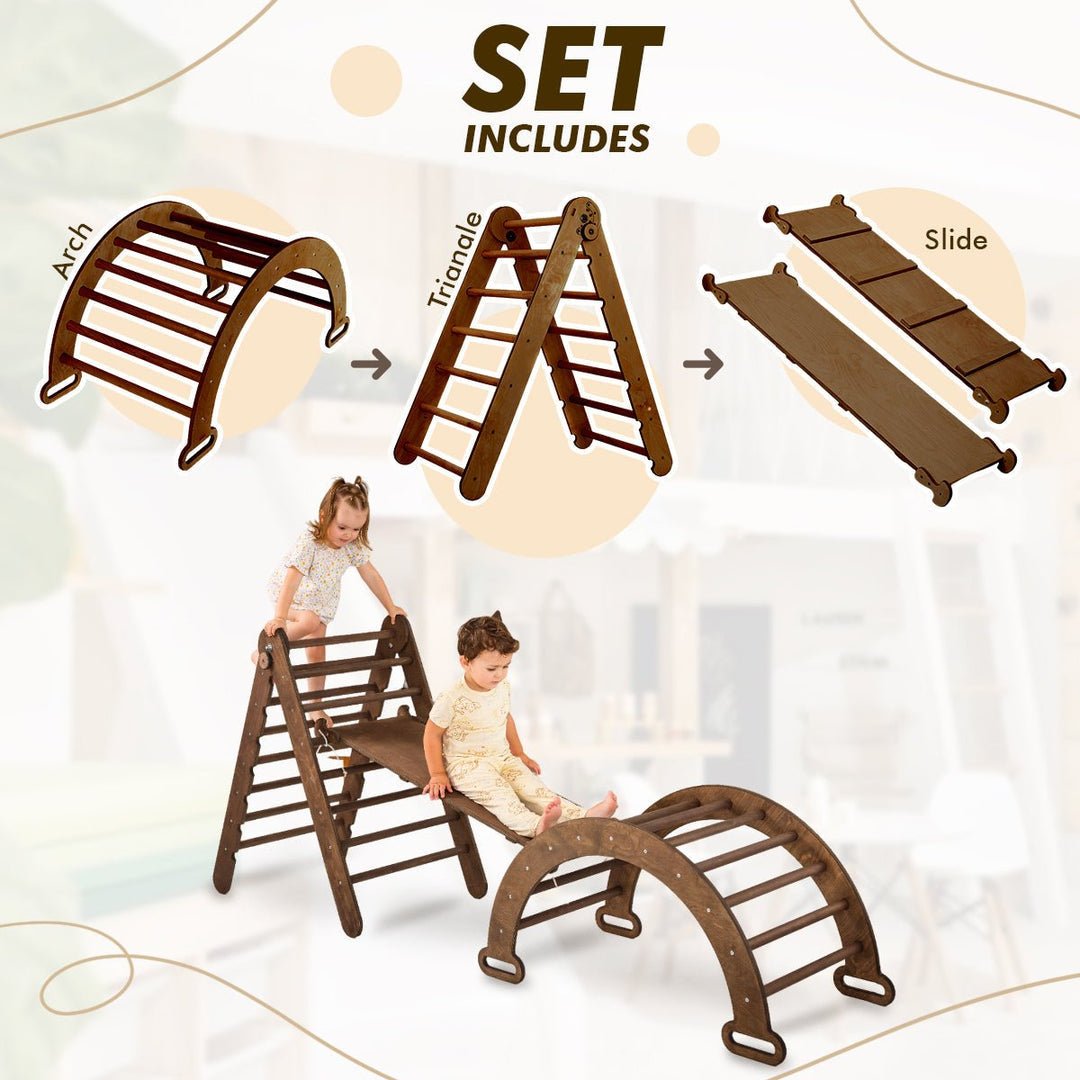 3in1 Montessori Climbing Set: Triangle Ladder + Wooden Arch + Slide Board – Chocolate NEW | | Goodevas CA