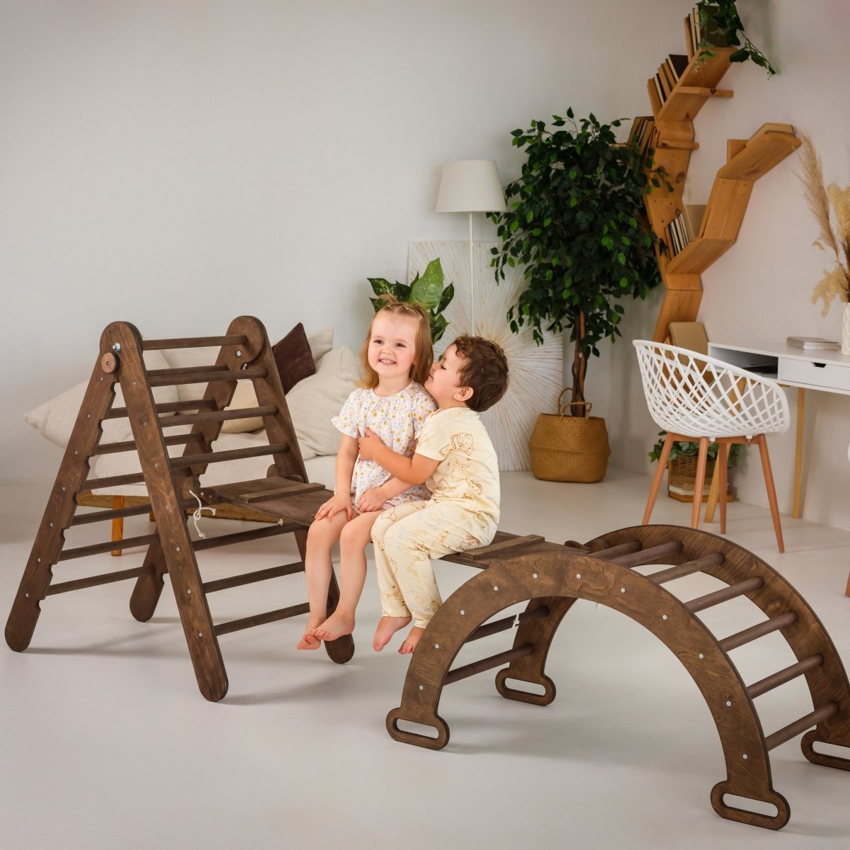 3in1 Montessori Climbing Set: Triangle Ladder + Wooden Arch + Slide Board – Chocolate NEW | | Goodevas CA