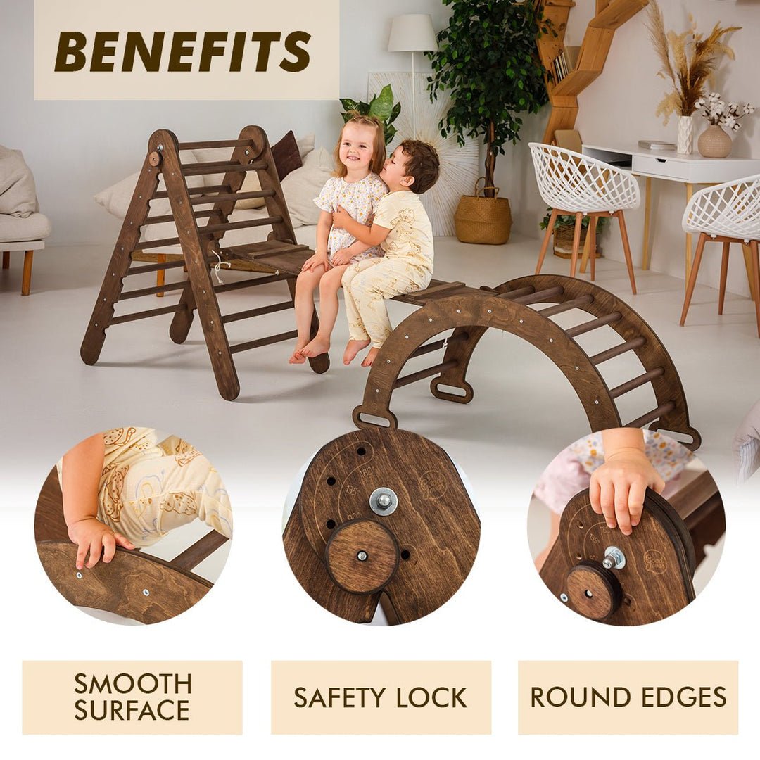 3in1 Montessori Climbing Set: Triangle Ladder + Wooden Arch + Slide Board – Chocolate NEW | | Goodevas CA