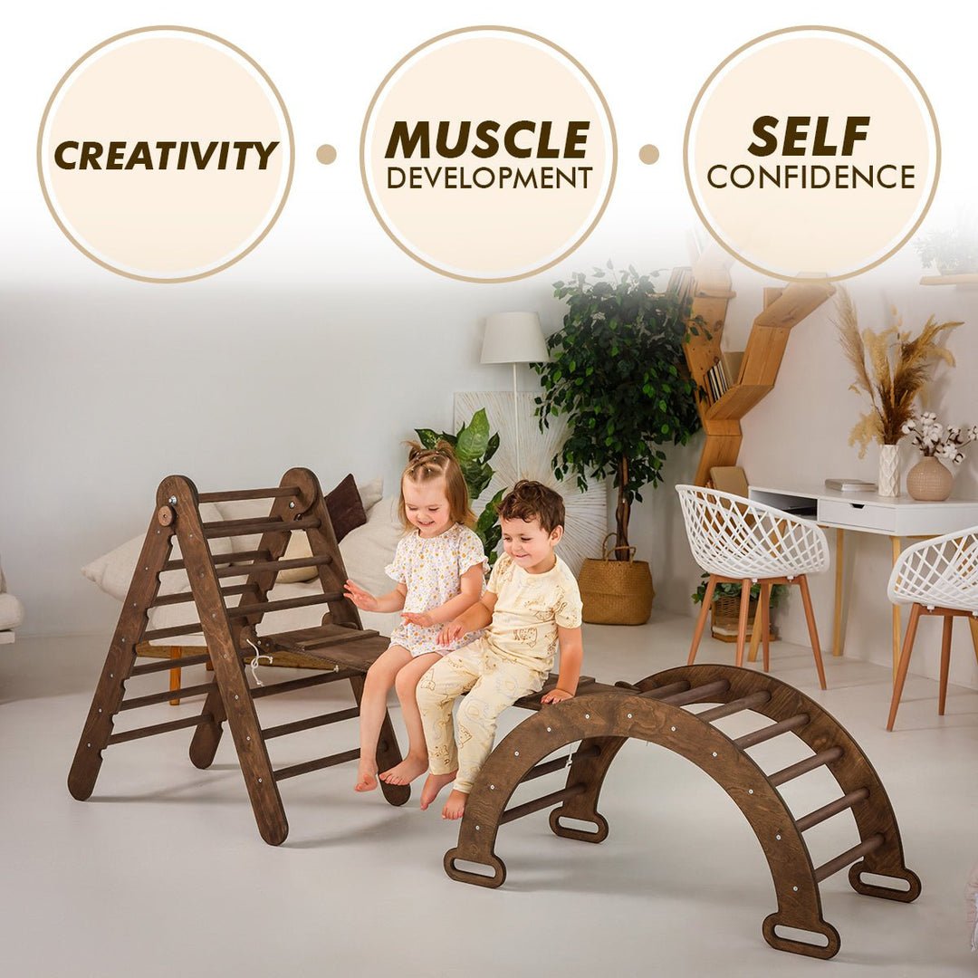 3in1 Montessori Climbing Set: Triangle Ladder + Wooden Arch + Slide Board – Chocolate NEW | | Goodevas CA