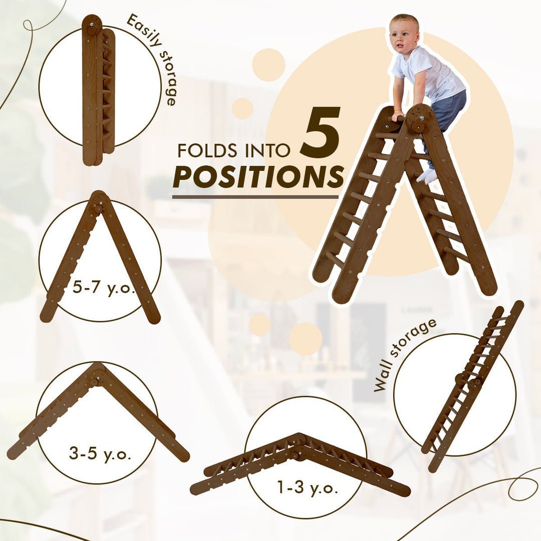 3in1 Montessori Climbing Set: Triangle Ladder + Wooden Arch + Slide Board – Chocolate NEW | | Goodevas CA