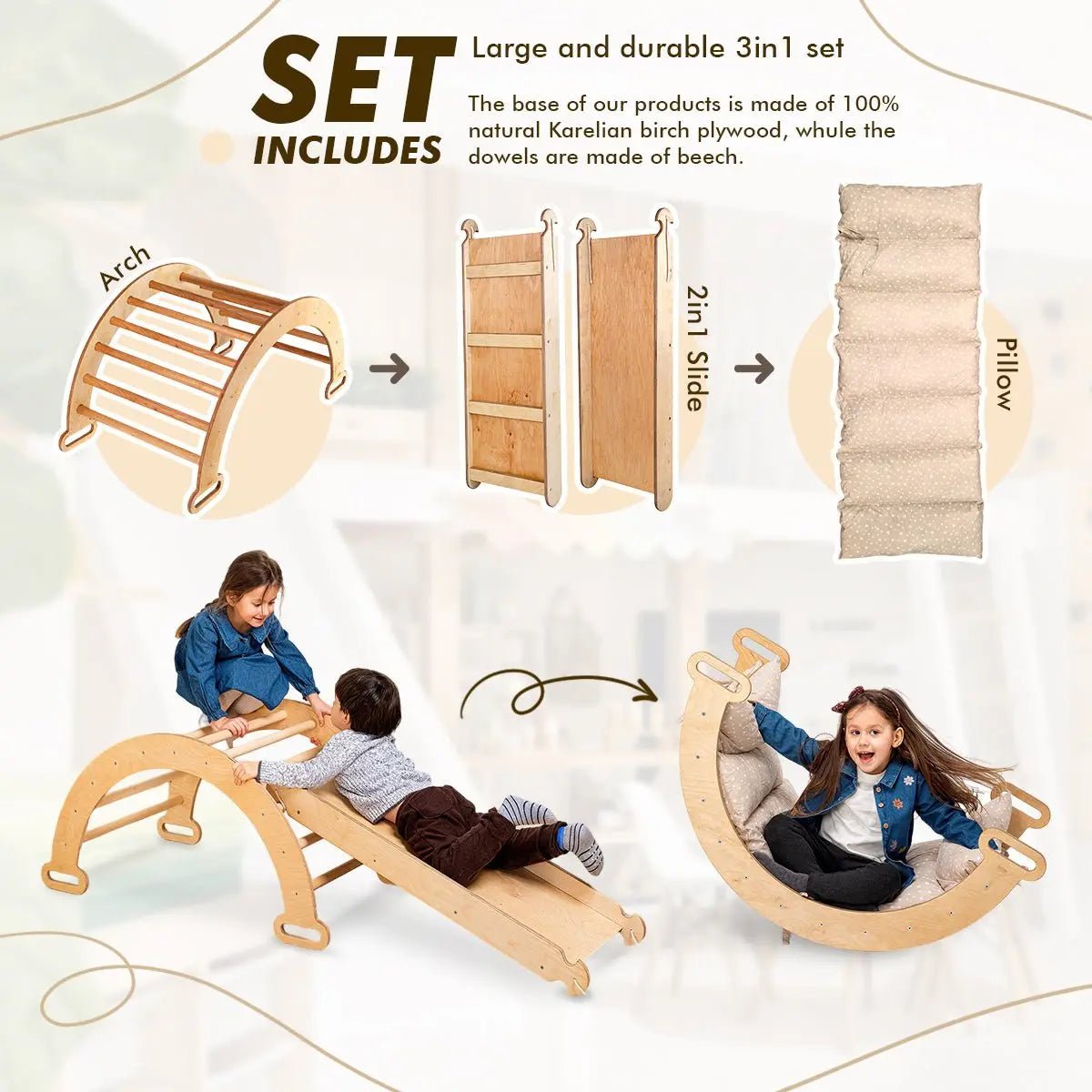 3in1 Montessori Play Set for Toddlers: Arch + Slide + Cushion - Beige | | Goodevas