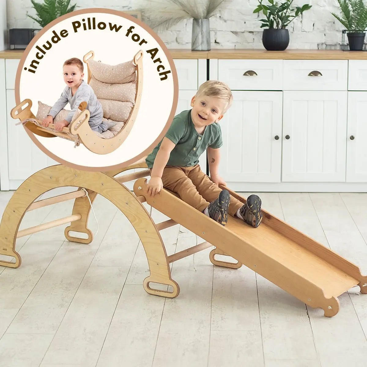 3in1 Montessori Play Set for Toddlers: Arch + Slide + Cushion - Beige | | Goodevas