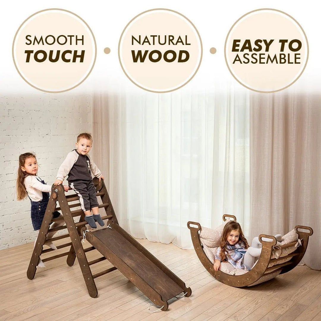 3in1 Montessori PlaySet for Toddlers: Arch + Slide + Cushion - Chocolate | | Goodevas