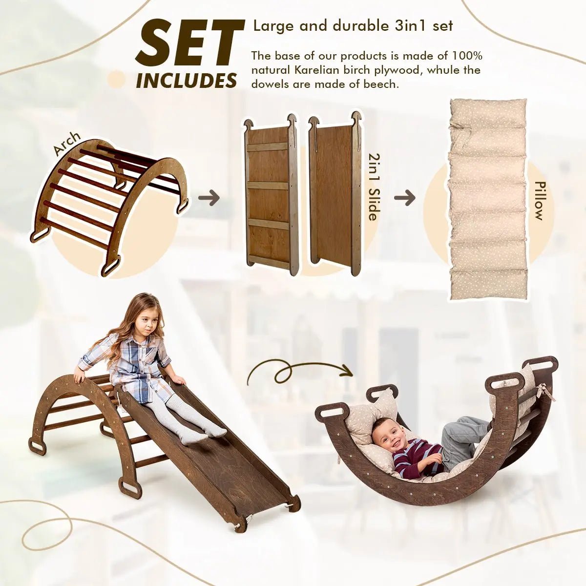 3in1 Montessori PlaySet for Toddlers: Arch + Slide + Cushion - Chocolate | | Goodevas