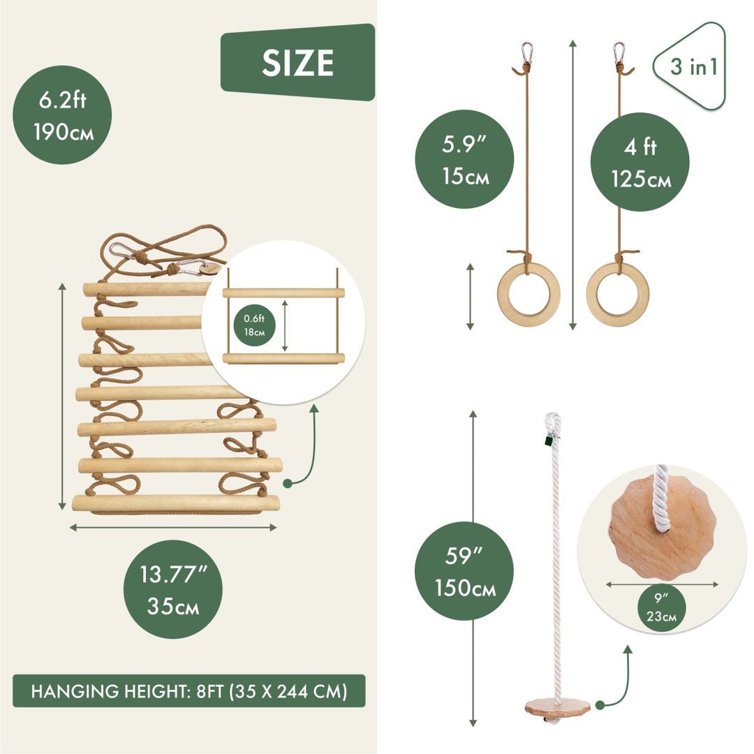 3in1 Swings Set: Rope Ladder + Gymnastic Rings + Disc Rope Swing | | Goodevas CA