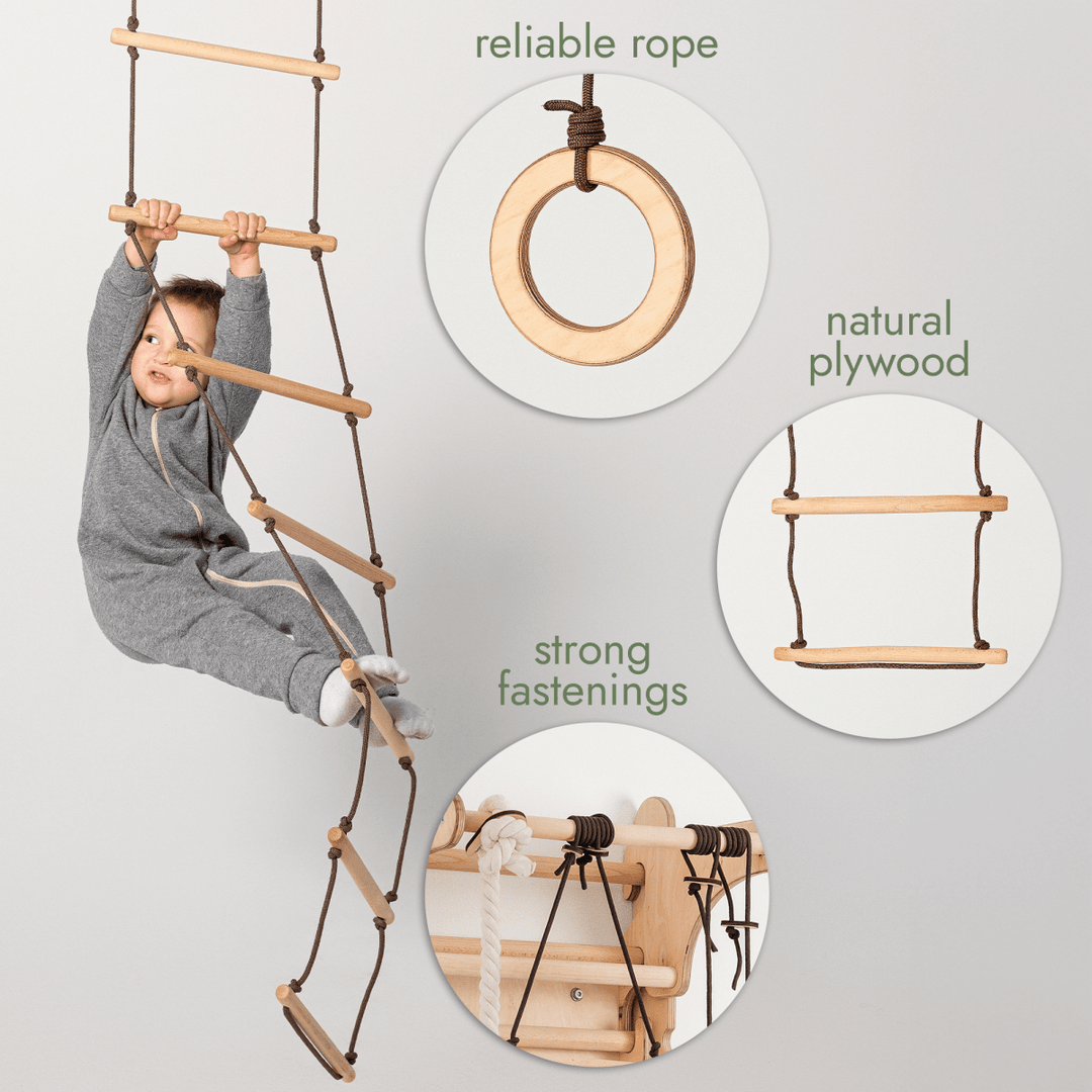 Ring Rope Swing 3in1 Swings Set: Rope Ladder + Gymnastic Rings + Disc Rope Swing