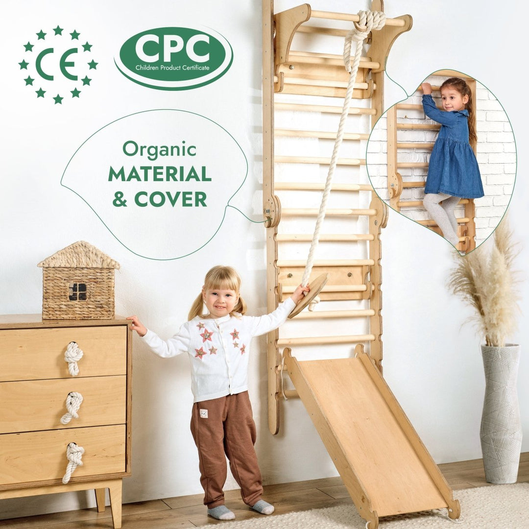 3in1: Wooden Swedish Wall / Climbing ladder for Children + Swing Set + Slide Board | Swesdish wall | Goodevas