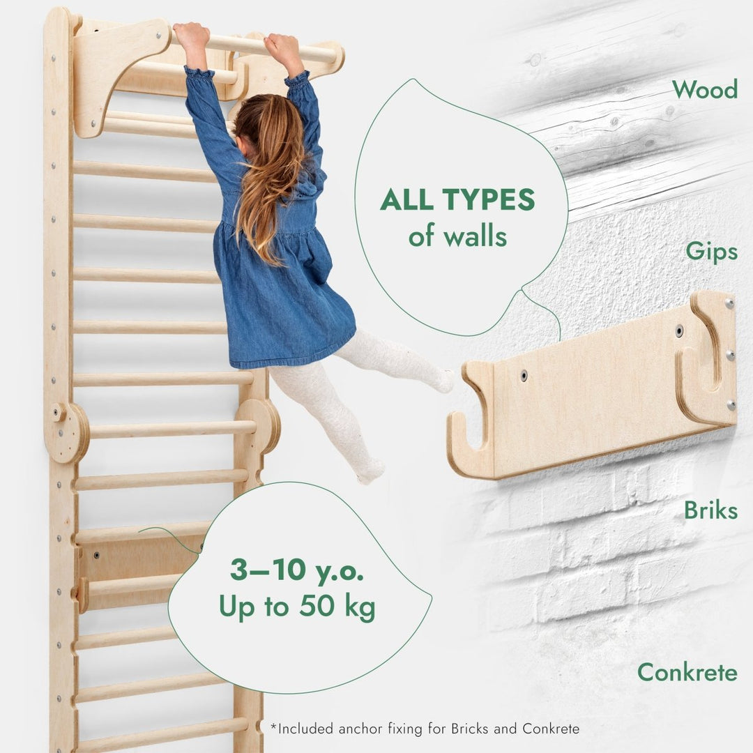3in1: Wooden Swedish Wall / Climbing ladder for Children + Swing Set + Slide Board | Swesdish wall | Goodevas