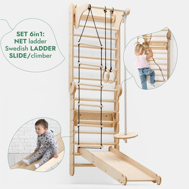 3in1: Wooden Swedish Wall / Climbing ladder for Children + Swing Set + Slide Board | Swesdish wall | Goodevas