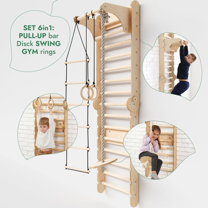 3in1: Wooden Swedish Wall / Climbing ladder for Children + Swing Set + Slide Board | Swesdish wall | Goodevas