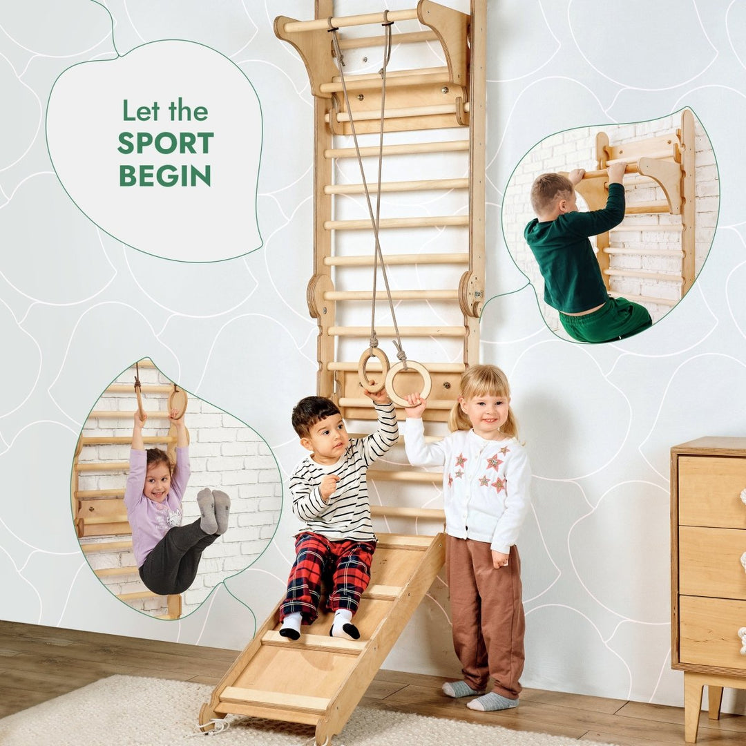3in1: Wooden Swedish Wall / Climbing ladder for Children + Swing Set + Slide Board | Swesdish wall | Goodevas