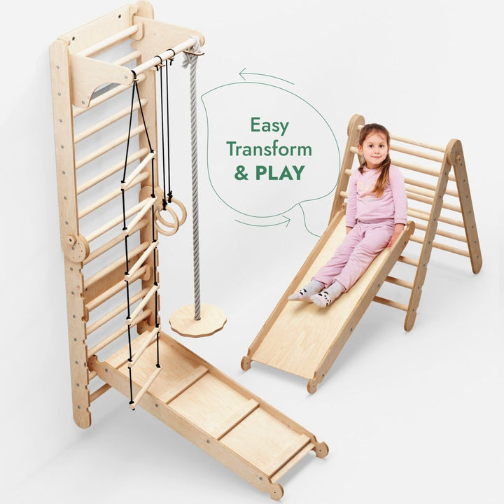 3in1: Wooden Swedish Wall / Climbing ladder for Children + Swing Set + Slide Board | Swesdish wall | Goodevas