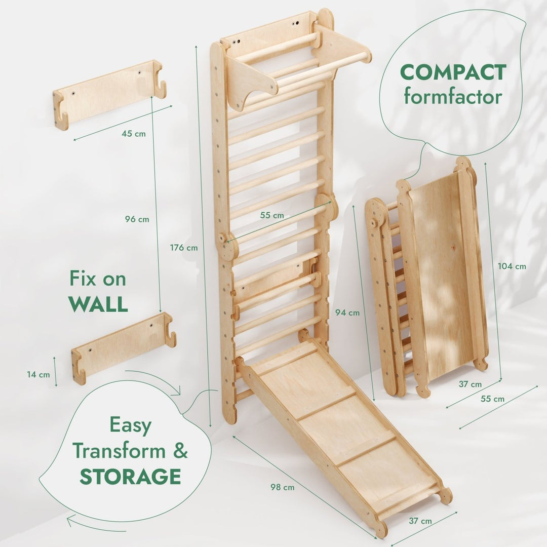 3in1: Wooden Swedish Wall / Climbing ladder for Children + Swing Set + Slide Board | Swesdish wall | Goodevas