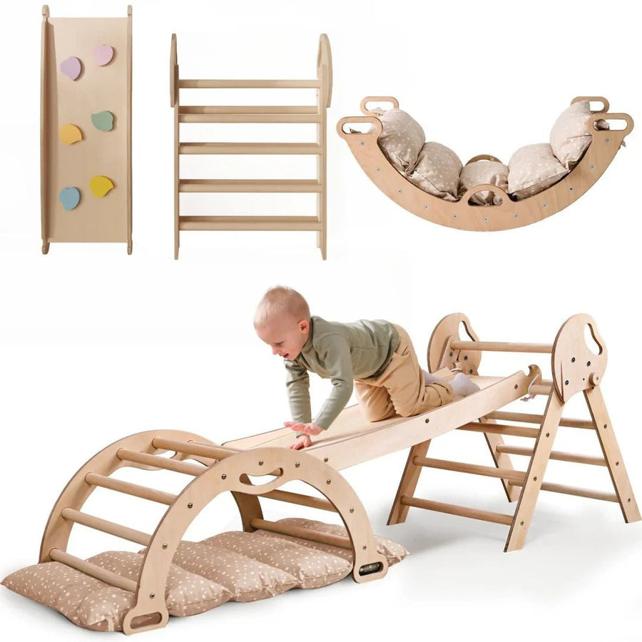 4in1 Montessori Climbing Frame: Pikler Triangle + Arch + Slide Board + Cushion for Toddlers (1–3 Years) | | Goodevas