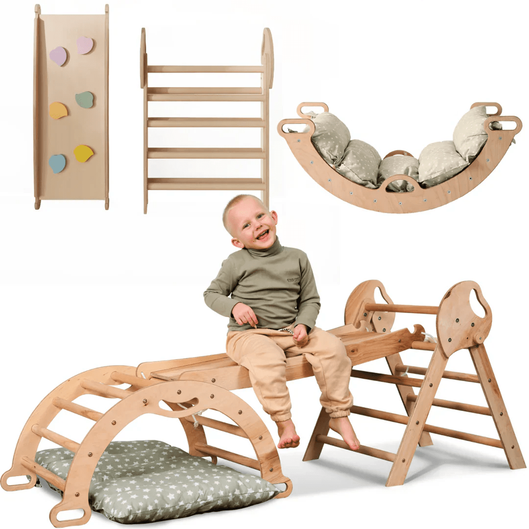 4in1 Montessori Climbing Frame: Pikler Triangle + Arch + Slide Board + Cushion for Toddlers (1–3 Years) | | Goodevas