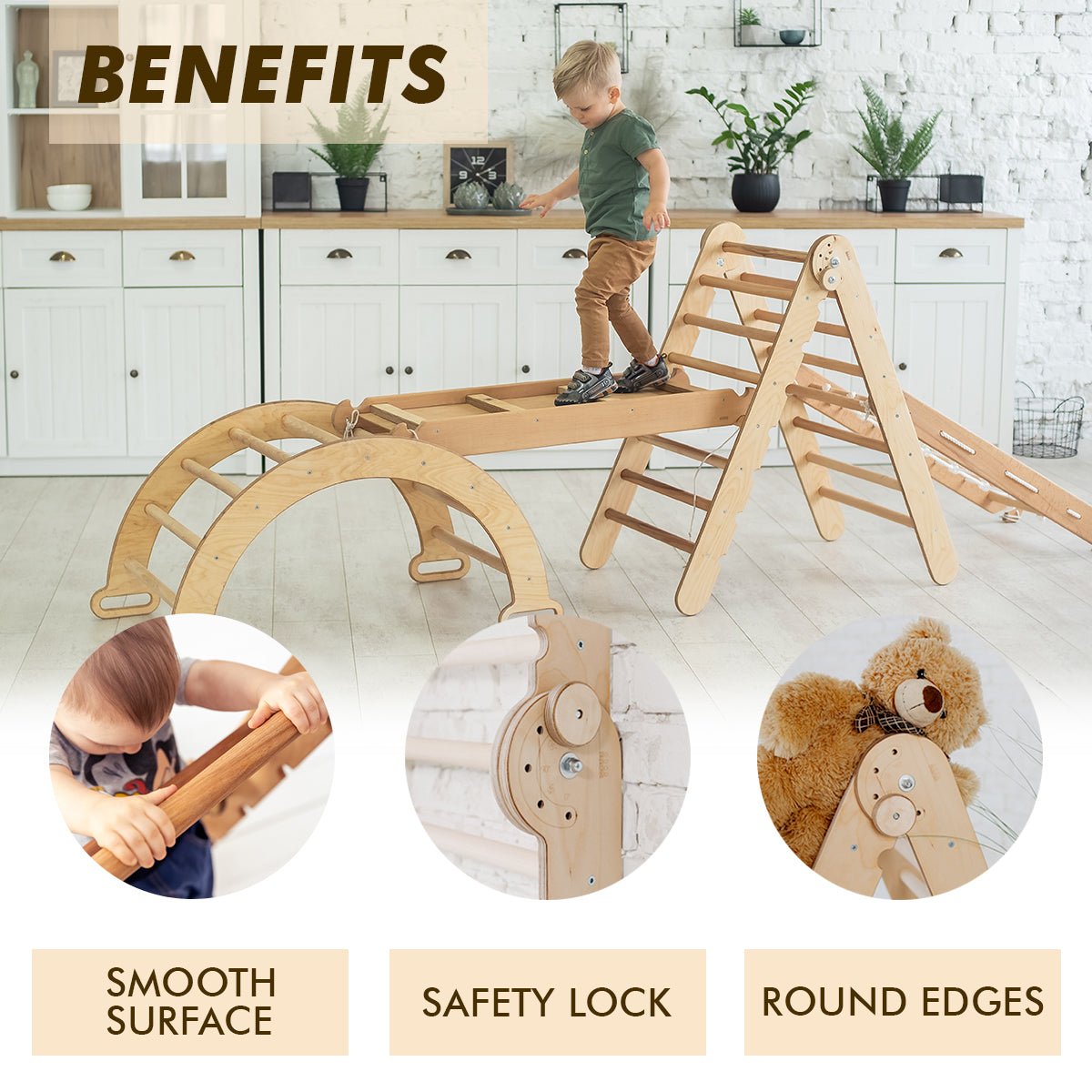 4in1 Montessori Climbing Set: Triangle Ladder + Arch/Rocker + Slide Board/Ramp + Climbing Net – Beige | | Goodevas CA