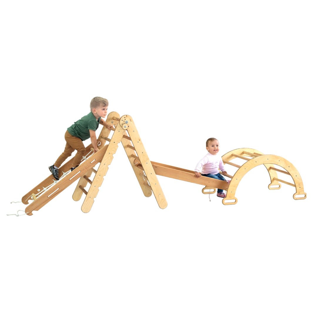 4in1 Montessori Climbing Set: Triangle Ladder + Arch/Rocker + Slide Board/Ramp + Climbing Net – Beige | | Goodevas CA