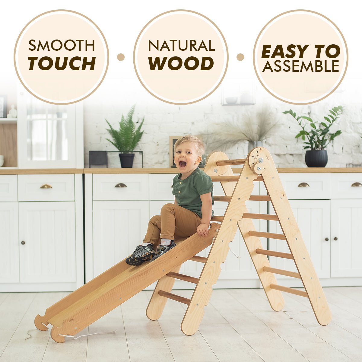 4in1 Montessori Climbing Set: Triangle Ladder + Arch/Rocker + Slide Board/Ramp + Climbing Net – Beige | | Goodevas CA