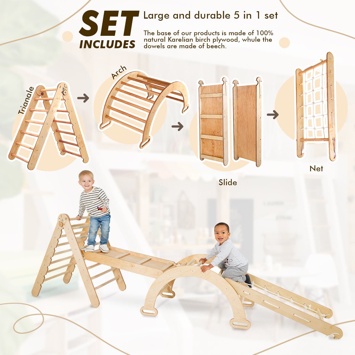 4in1 Montessori Climbing Set: Triangle Ladder + Arch/Rocker + Slide Board/Ramp + Climbing Net – Beige | | Goodevas CA