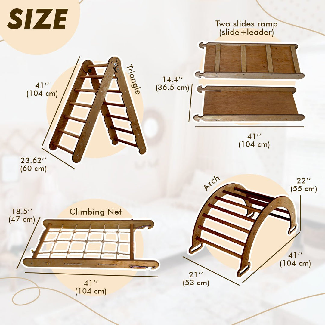 4in1 Montessori Climbing Set: Triangle Ladder + Arch/Rocker + Slide Board/Ramp + Net – Chocolate