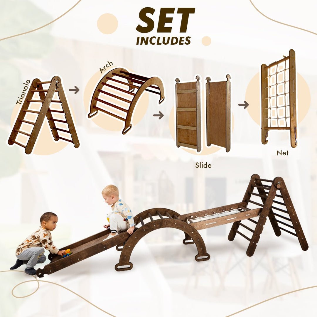 4in1 Montessori Climbing Set: Triangle Ladder + Arch/Rocker + Slide Board/Ramp + Net – Chocolate | 4in1 Playsets | Goodevas