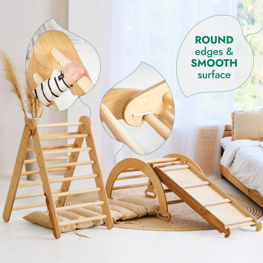 4in1 Montessori Climbing Set: Triangle Ladder + Climbing Arch + Slide Board + Cushion Beige | | Goodevas