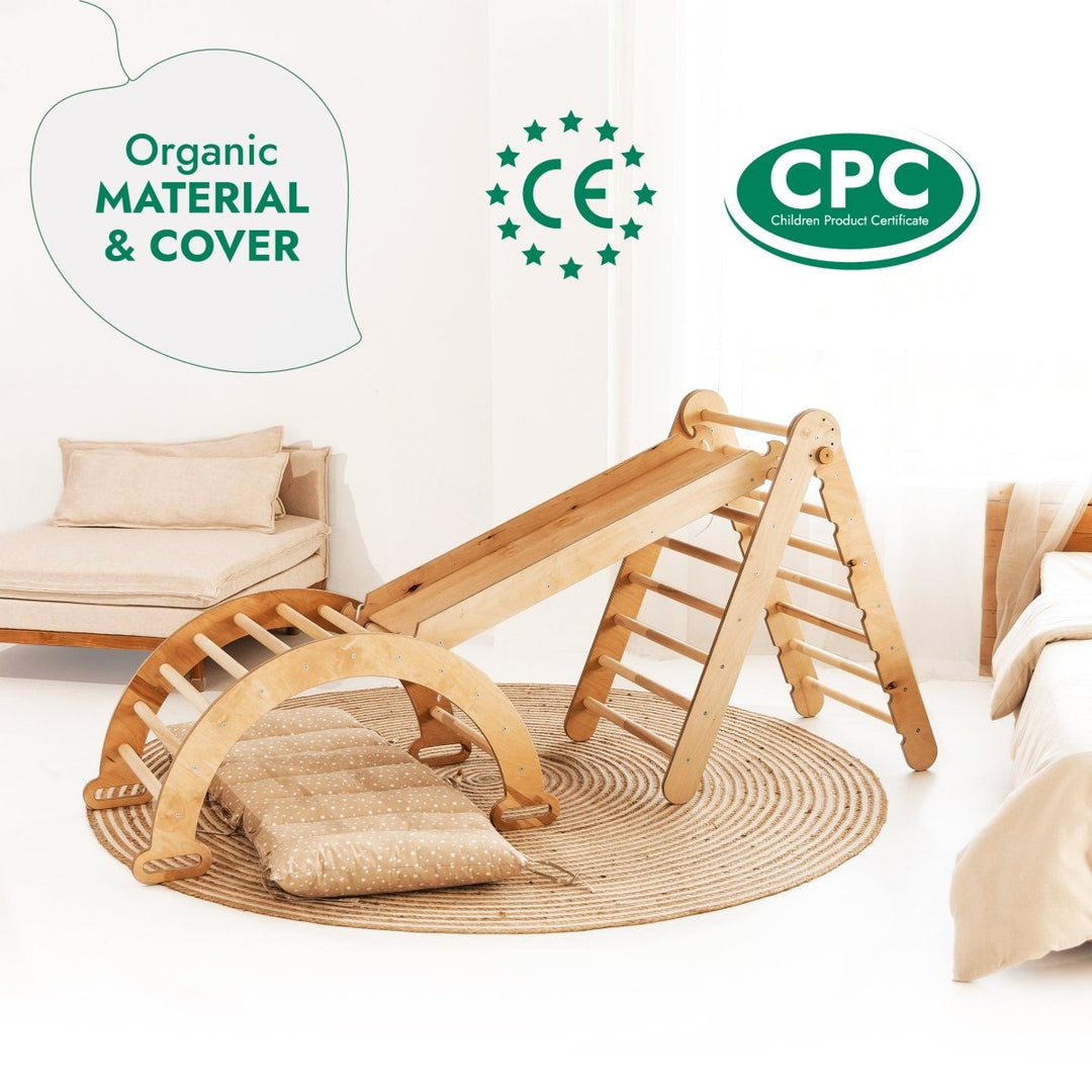 4in1 Montessori Climbing Set: Triangle Ladder + Climbing Arch + Slide Board + Cushion Beige | | Goodevas