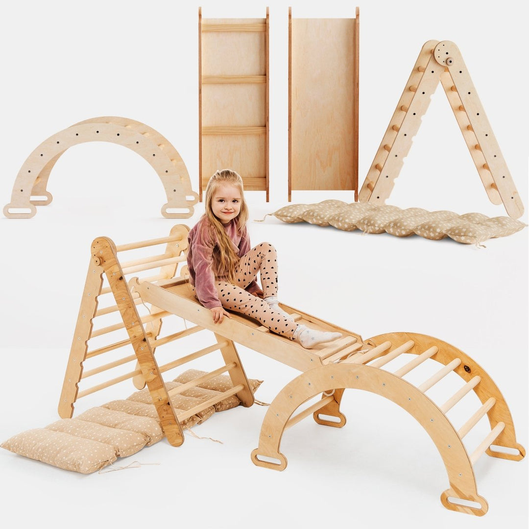 4in1 Montessori Climbing Set: Triangle Ladder + Climbing Arch + Slide Board + Cushion Beige | | Goodevas