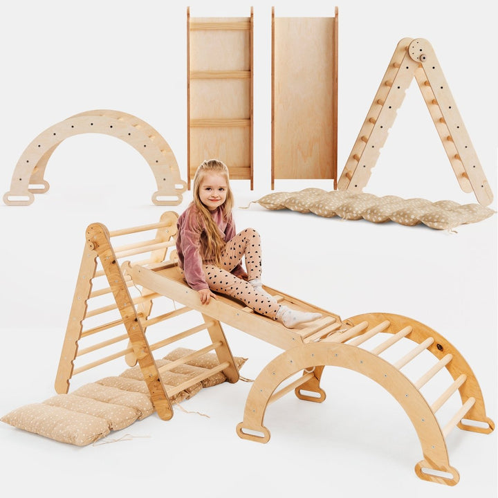 4in1 Montessori Climbing Set: Triangle Ladder + Climbing Arch + Slide Board + Cushion Beige | | Goodevas