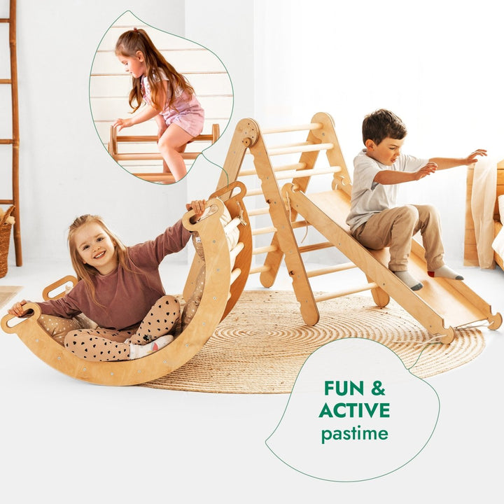 4in1 Montessori Climbing Set: Triangle Ladder + Climbing Arch + Slide Board + Cushion Beige | | Goodevas