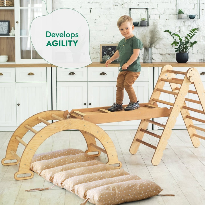 4in1 Montessori Climbing Set: Triangle Ladder + Climbing Arch + Slide Board + Cushion Beige | | Goodevas