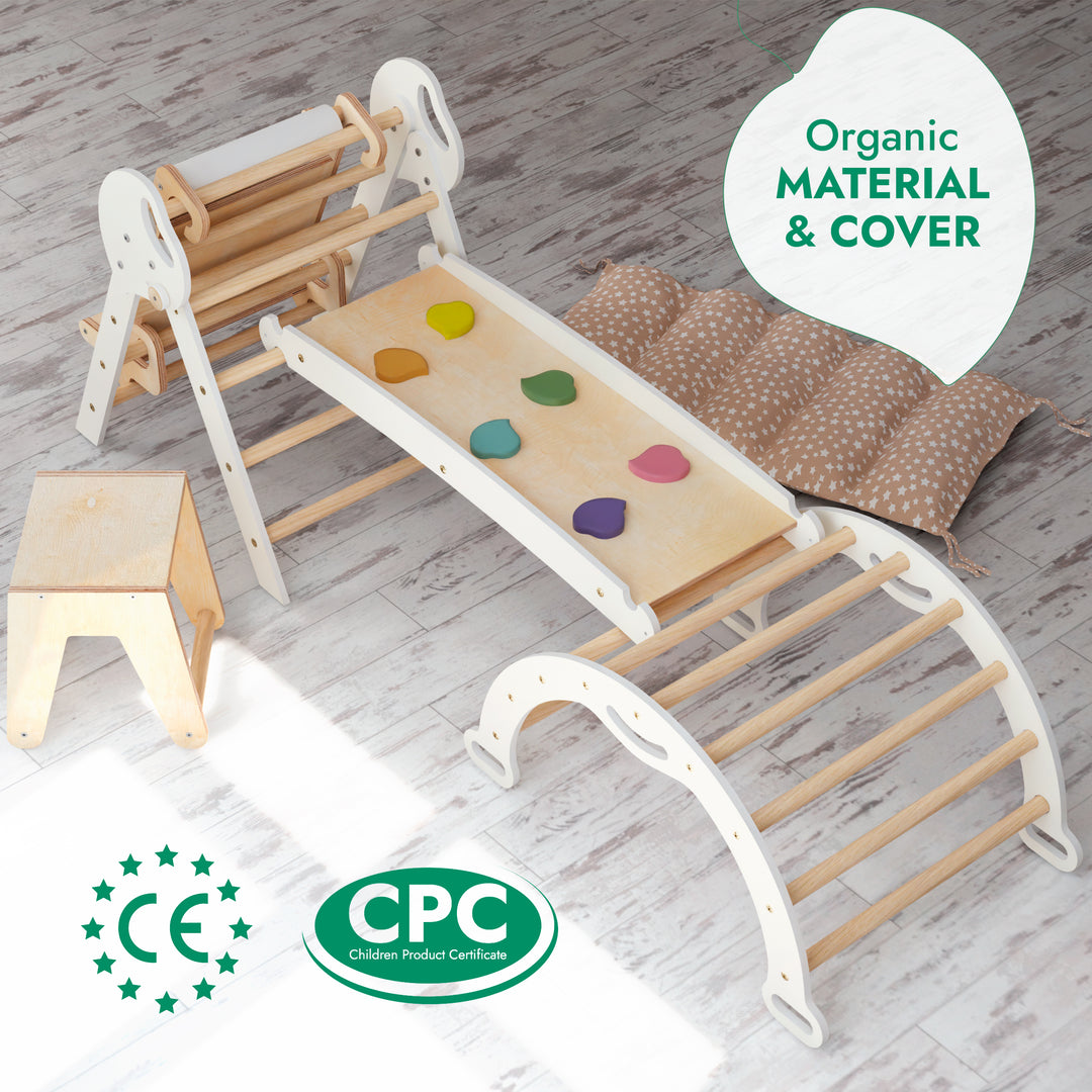 5in1 Montessori Climbing Set: Pikler Triangle, Arch, Slide Board, Art Addition and Cushion for Toddlers (1–3 Years)