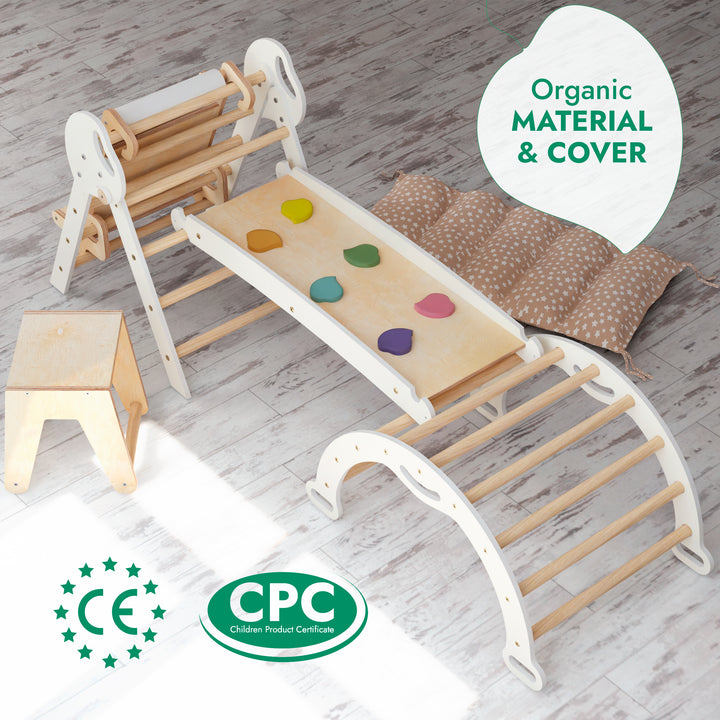 5in1 Montessori Climbing Set: Pikler Triangle, Arch, Slide Board, Art Addition and Cushion for Toddlers (1–3 Years)