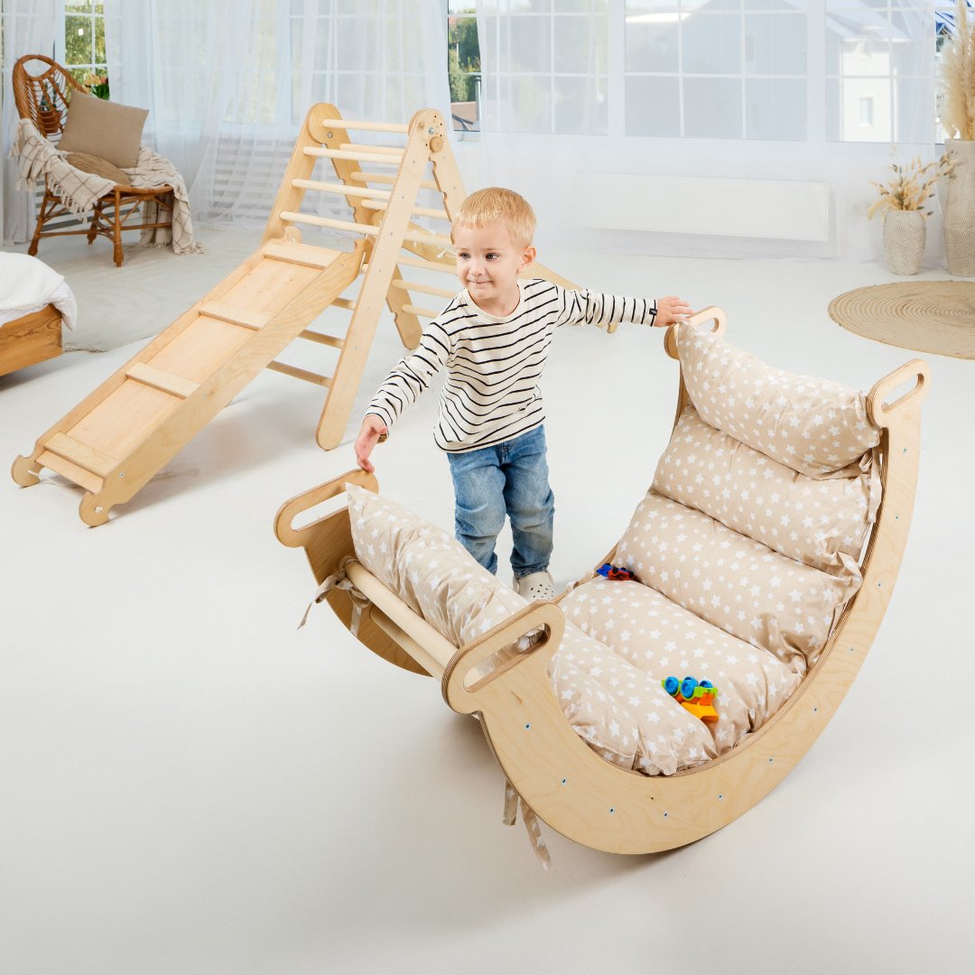 5in1 Montessori Climbing Frame Set: Triangle Ladder + Arch/Rocker + Slide Board/Ramp + Netting rope + Cushion