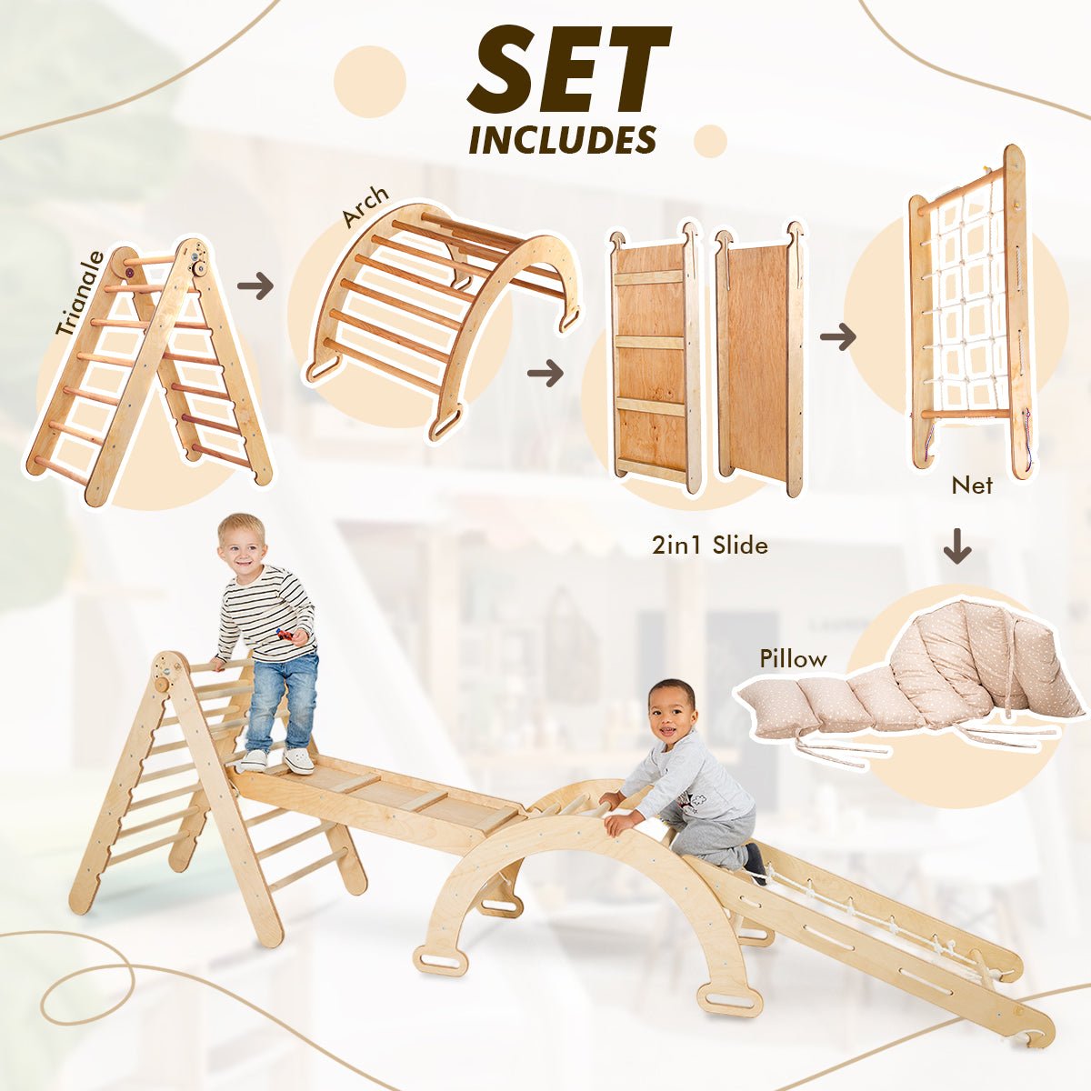 5in1 Montessori Climbing Frame Set: Triangle Ladder + Arch/Rocker + Slide Board/Ramp + Netting rope + Cushion | | Goodevas CA